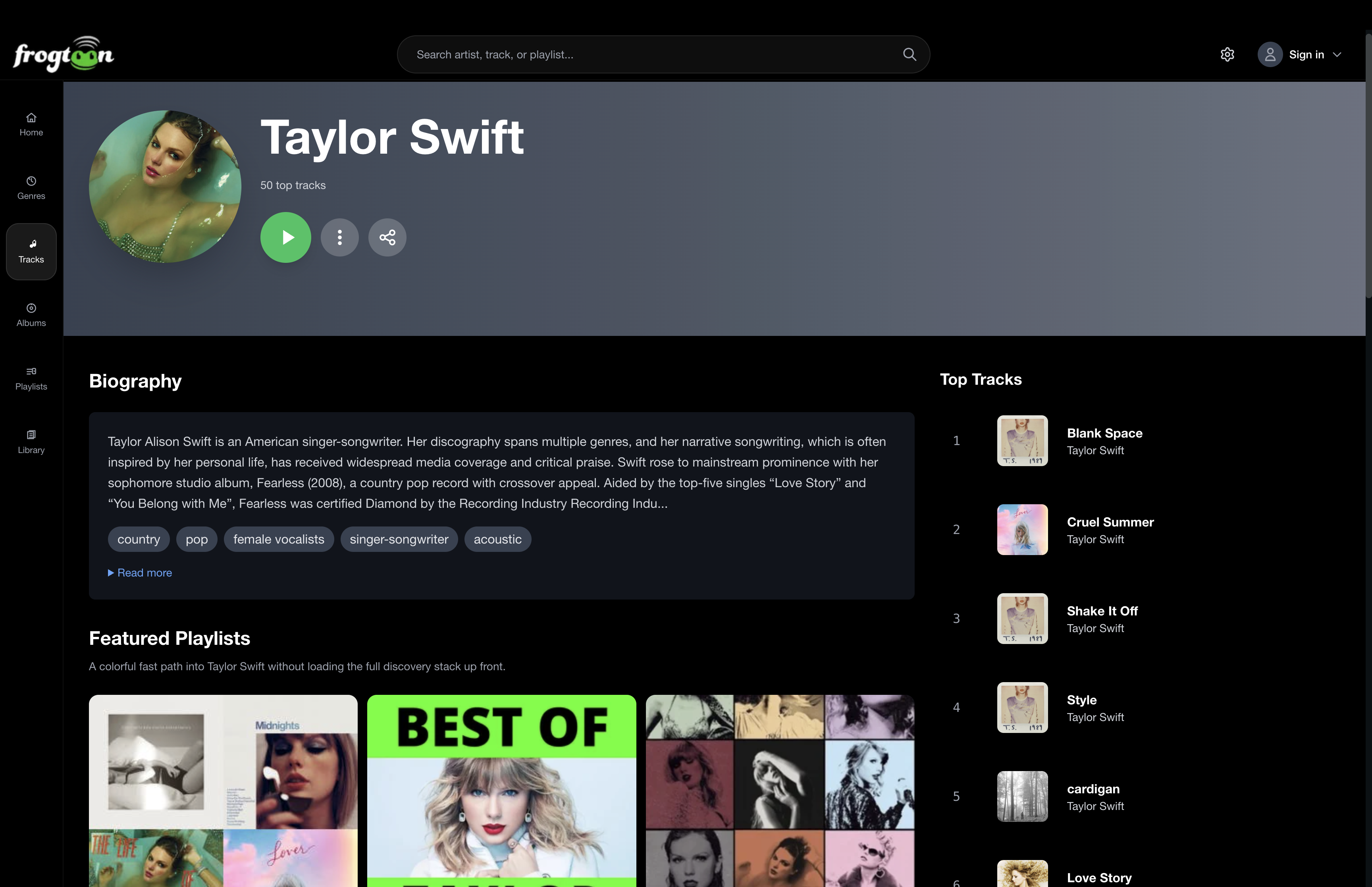 Taylor Swift artist page on Frogtoon desktop