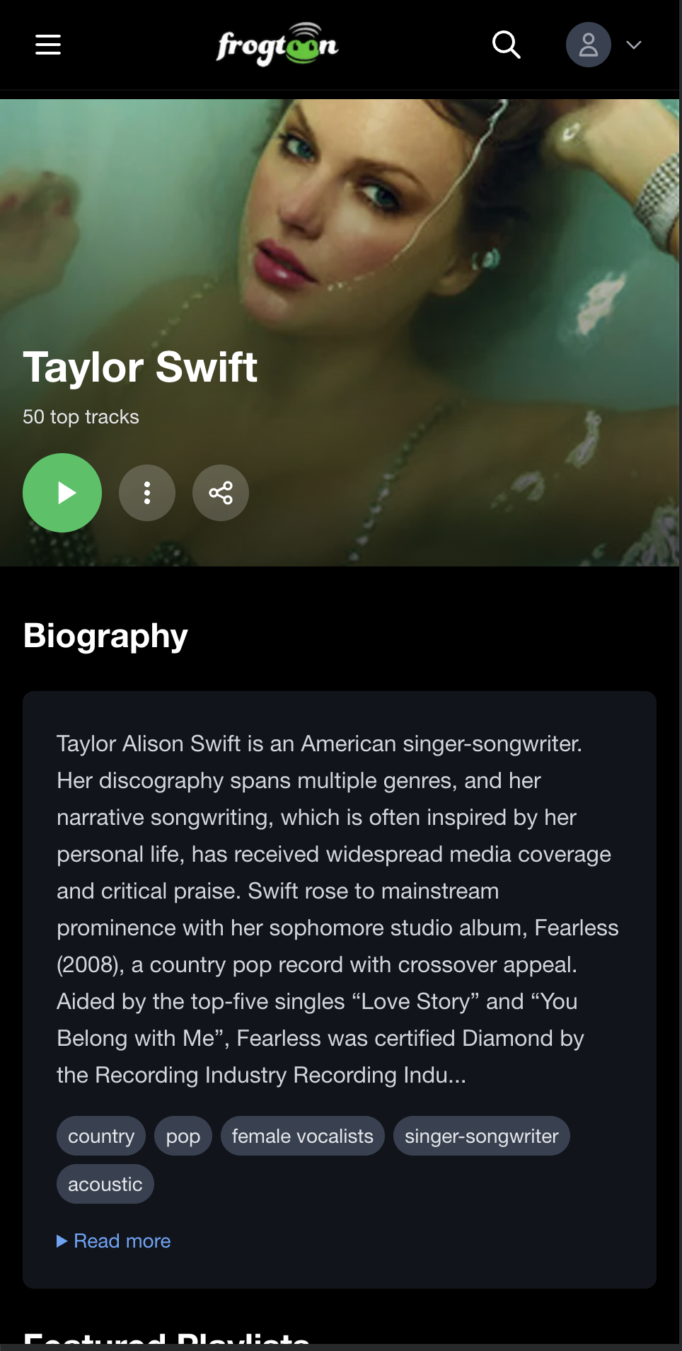 Taylor Swift artist page on Frogtoon mobile