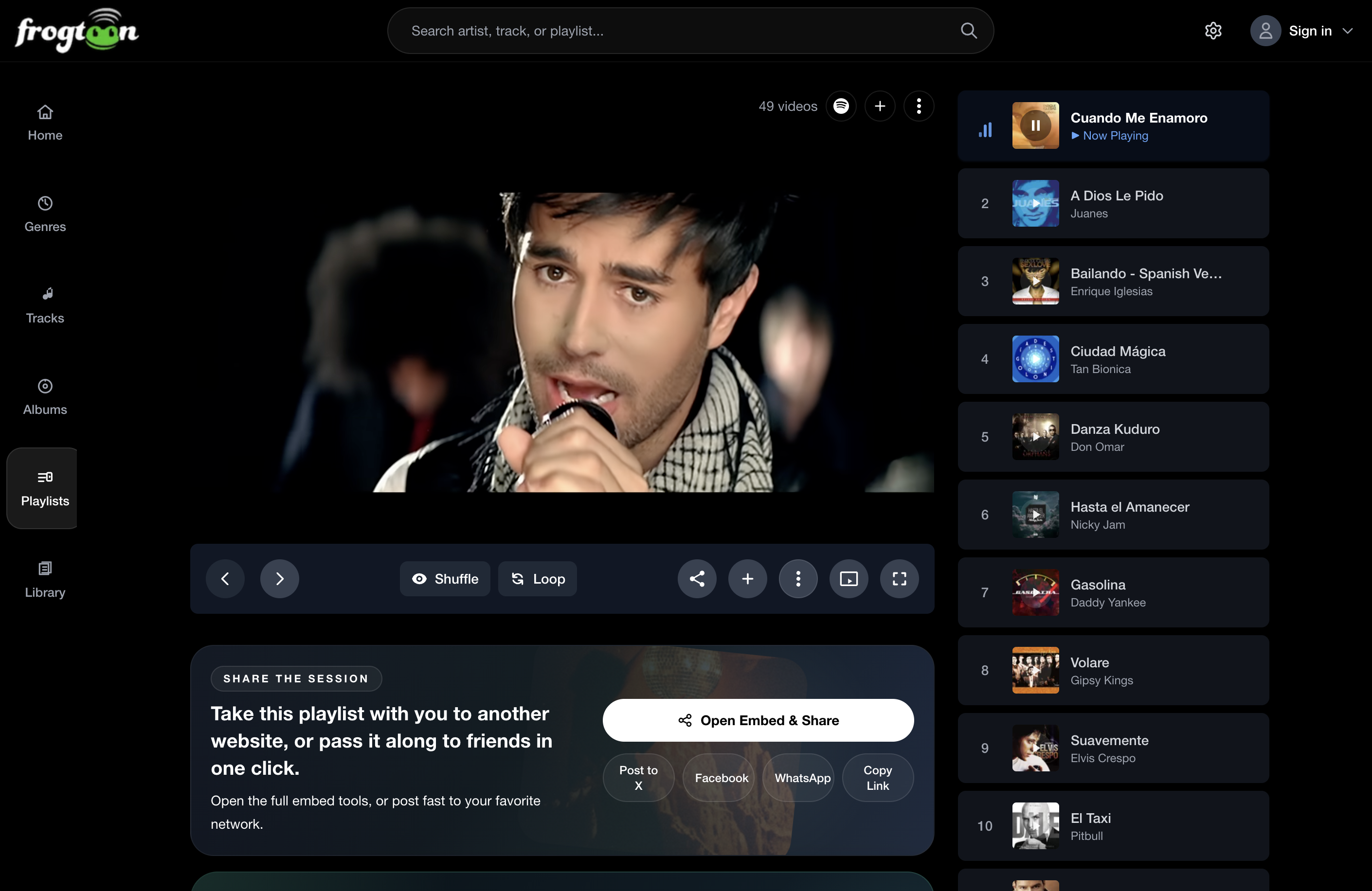 Imported Spotify playlist playing in Frogtoon
